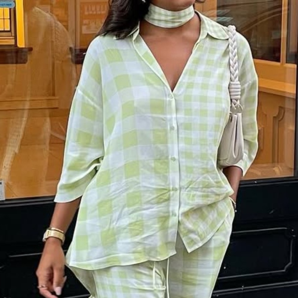 Green and White Checkered Women's Top
